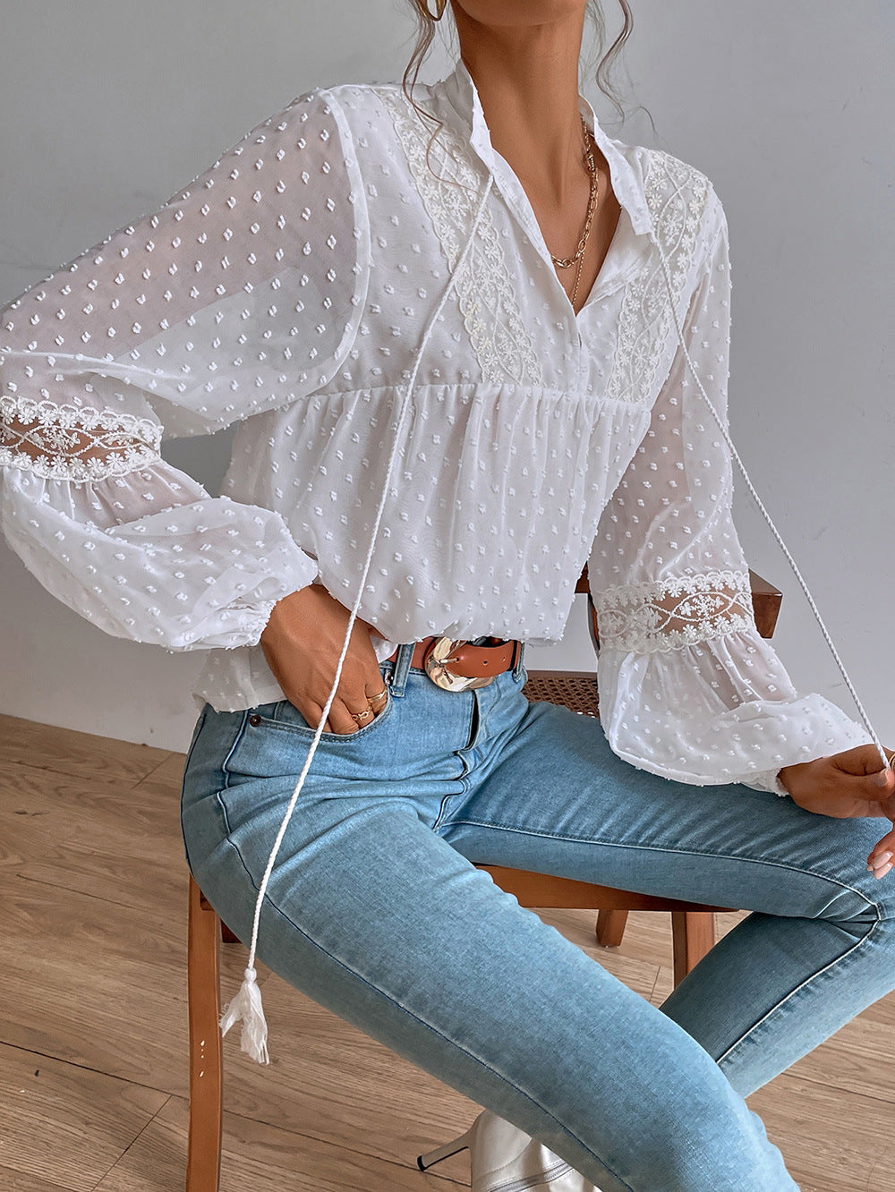 Polka Dot Chiffon Lace Stitching Loose Shirt