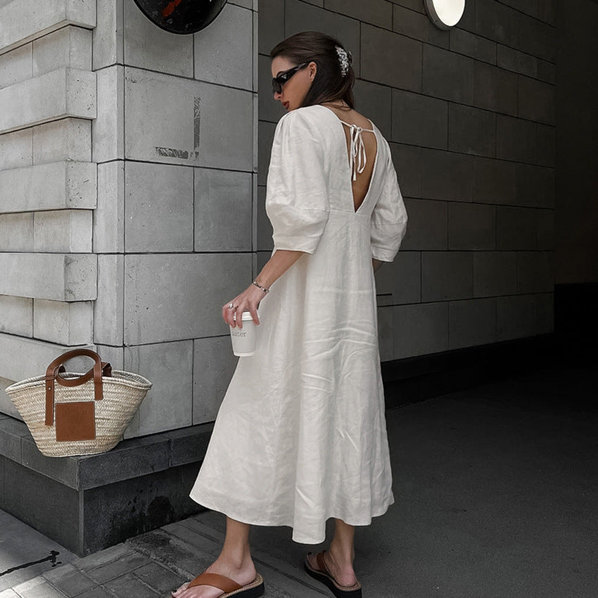 French Young Beige Cotton Linen Puff Sleeve Dress