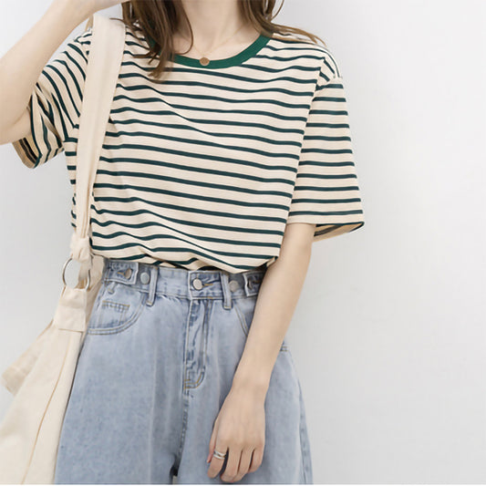 Short Sleeved Thin Loose Cotton Green Striped Top