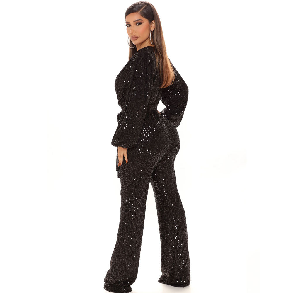 Sexy V-neck Sequined One-Piece Wide Leg Jumpsuit