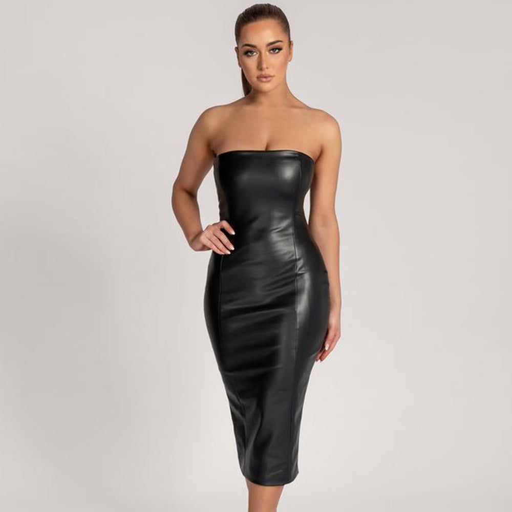 Solid Color Faux Leather Elegant Slim-Fit Tube Top Back Slit Sexy Midi Dress