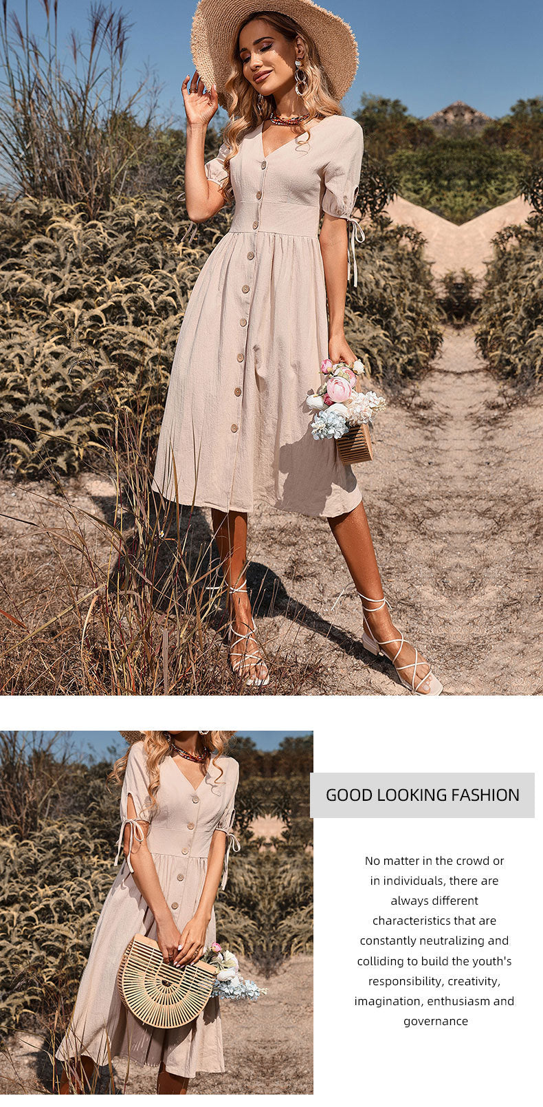 Mid-Length Short Sleeve V-neck Solid Color Cotton Linen Dress