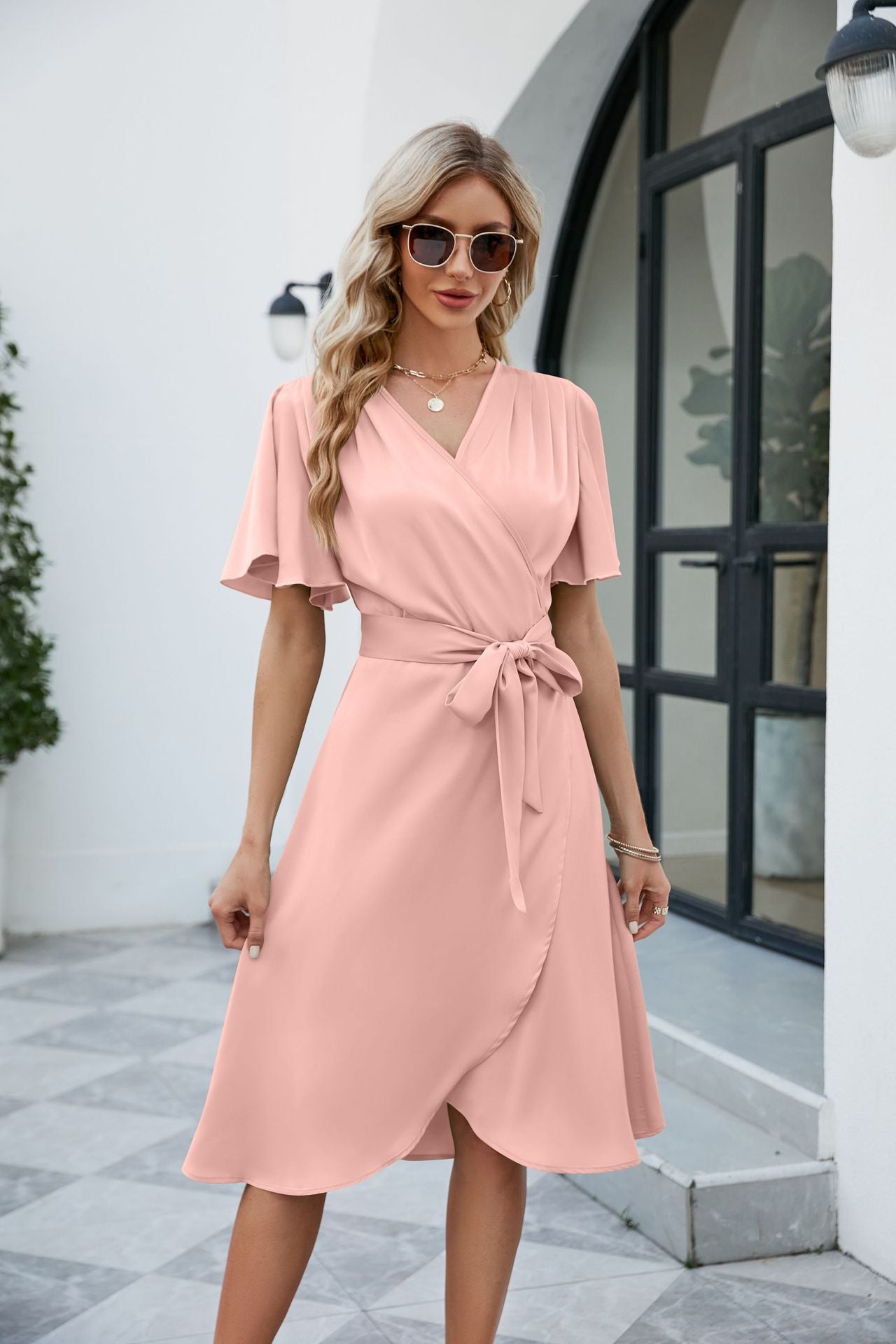 Satin V neck Fitted Waist Flare Sleeve Comfortable Sexy Dress