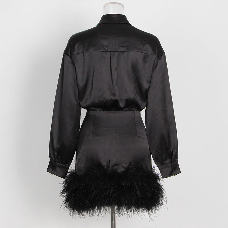 Robe élégante en Satin personnalisé pour femmes, col à la hanche, manches longues, couleur unie, ourlet en plumes, automne