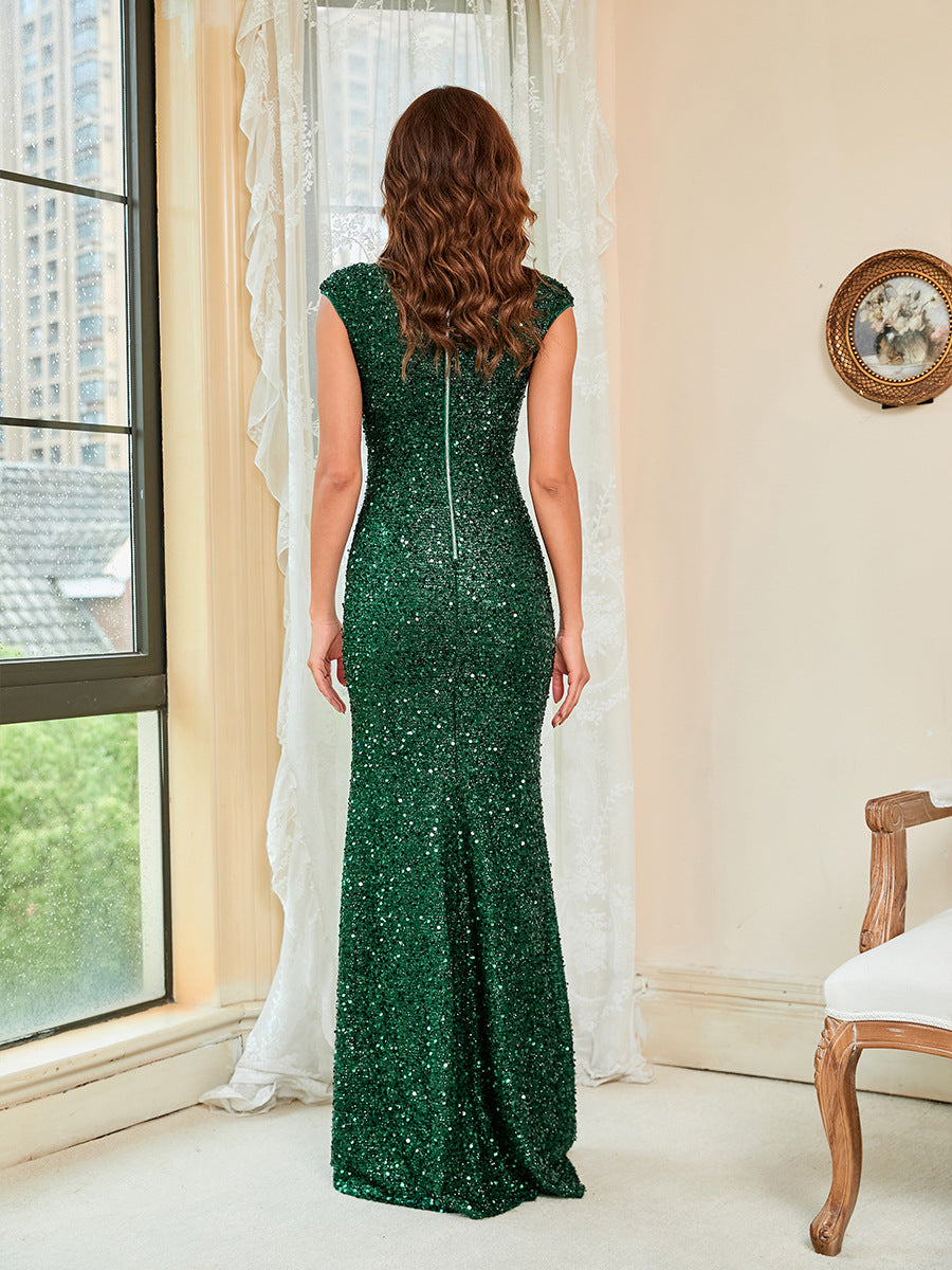Cekinowa elegancka zielona suknia wieczorowa z szelkami i średnim stanem