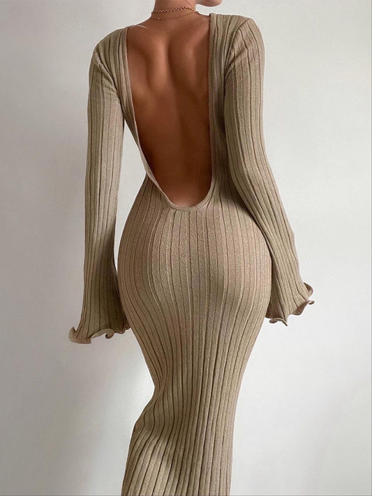 Autumn Sexy Sheath Ruffled Long Sleeve Knitted Maxi Dress