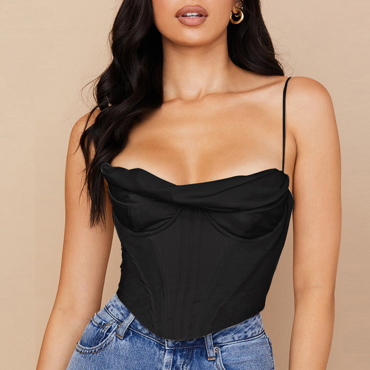 Sexy Pile Collar Satin Pleated Camisole Top
