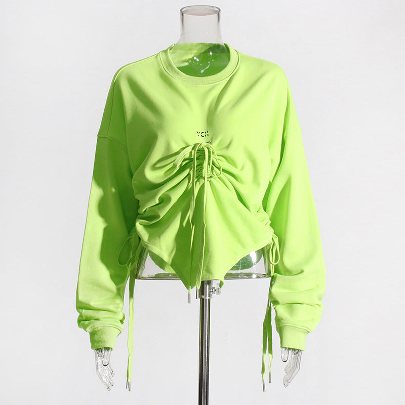 Autumn Trendy Pleating Lace up Long Sleeve Solid Color Sweatshirt