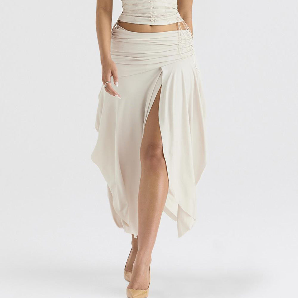 Double Layer Satin Pleated High Waist Irregular Asymmetric Slit Skirt