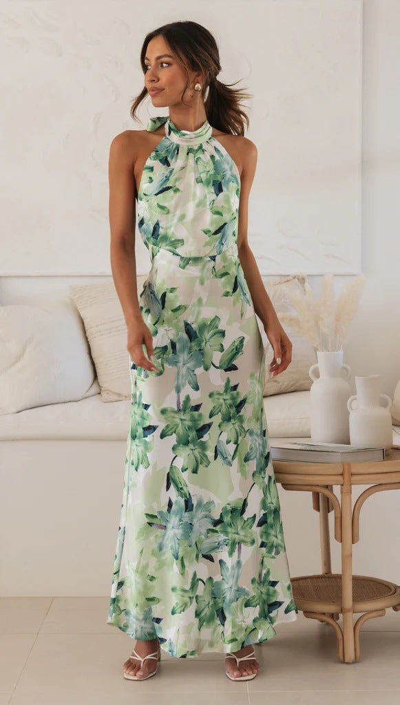 Sexy Halter Lace Up Backless Print Maxi Vestido
