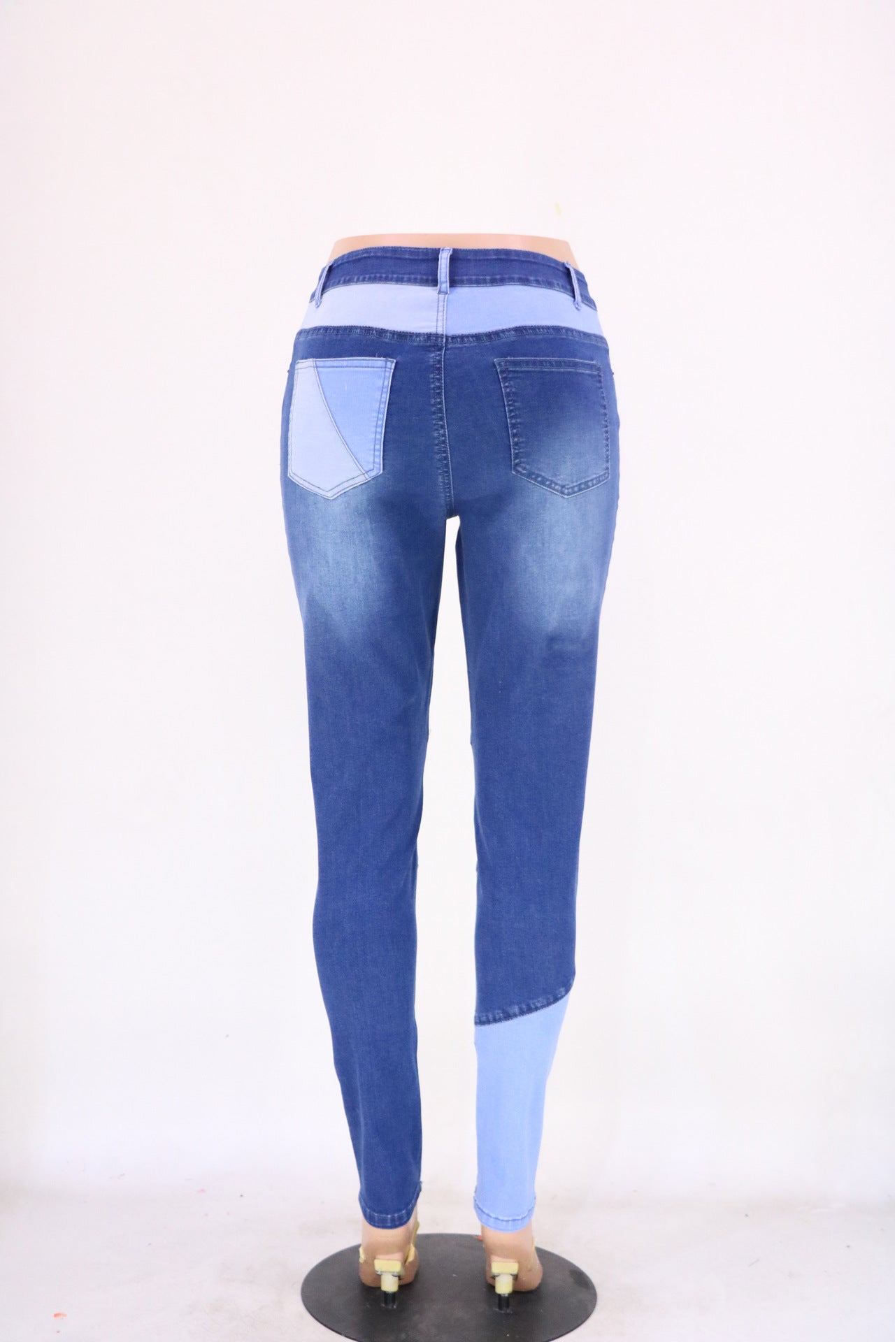 Niebiesko-czarne przeszycia Street Hipster bawełniane sprane spodnie jeansowe z wysokim stanem