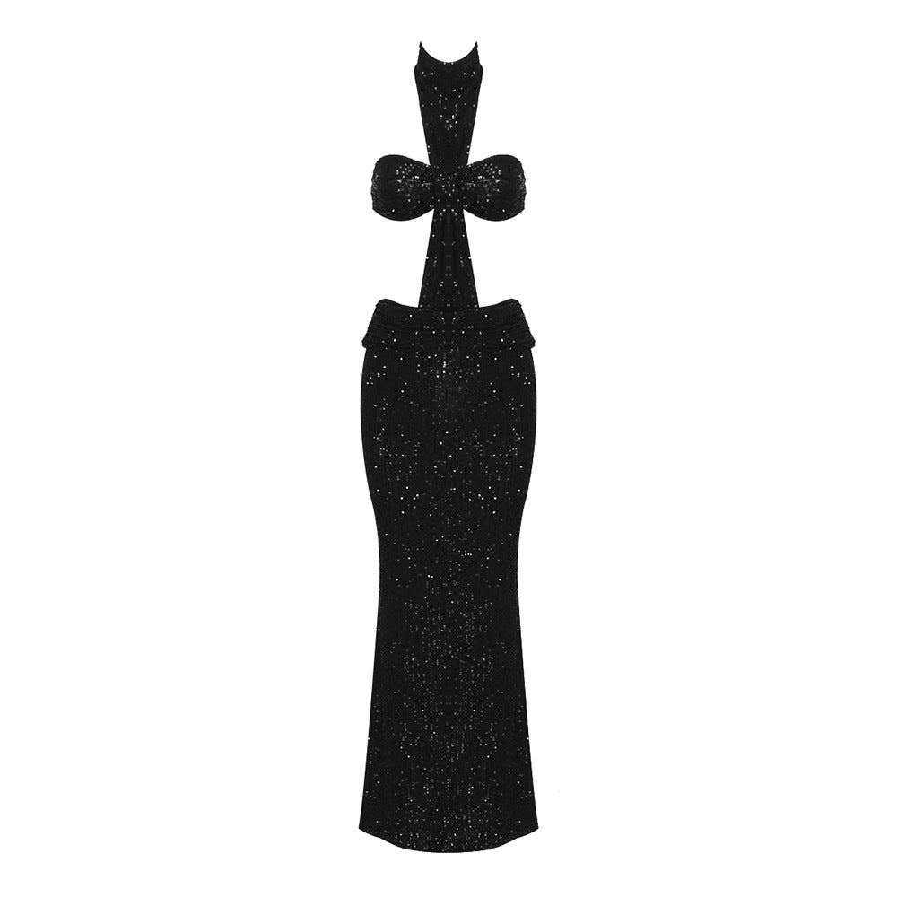 Summer Black Sequin Turtleneck Halter Cross Hollow Out Cutout Sleeveless Dress