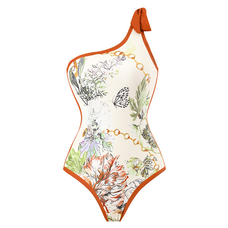 Élégant imprimé couture contraste couleur plage protection solaire jupe épaule maillot de bain deux pièces