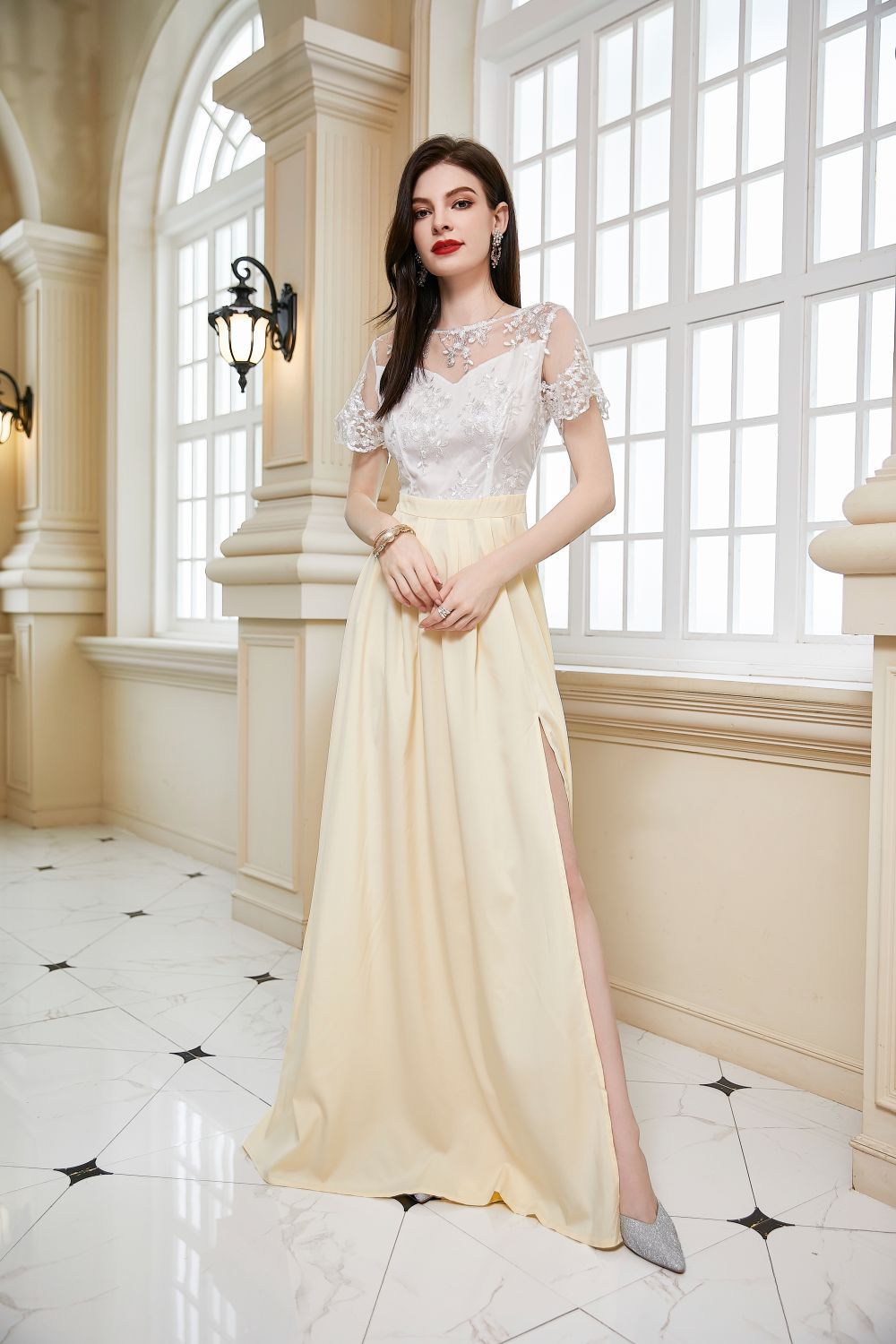 Lace Short Sleeve Wedding Bridesmaid Cocktail Evening Dress