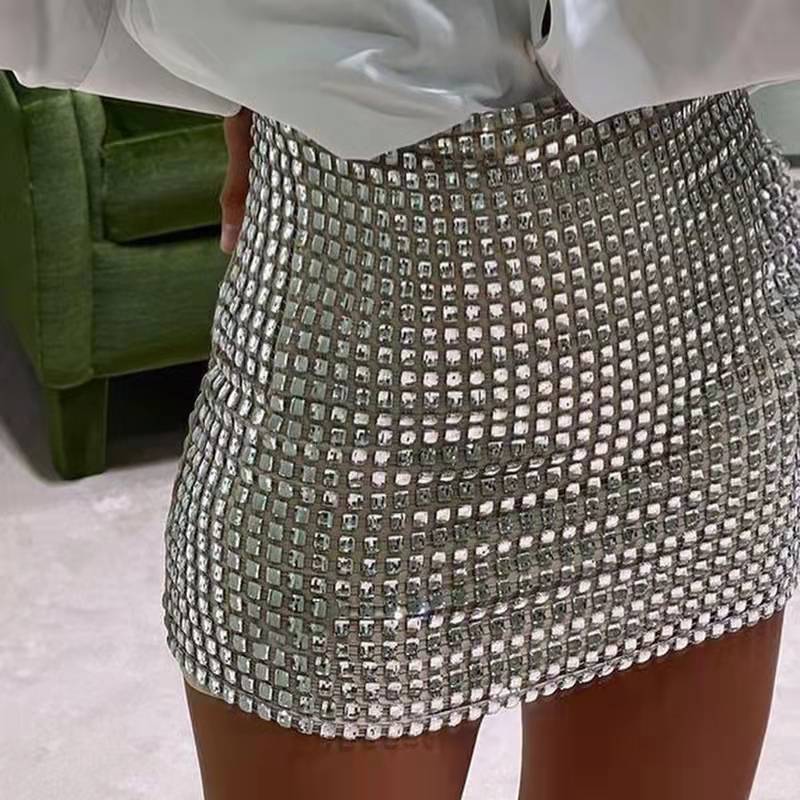 Slim Mesh Sequined Hip Bag Skirt