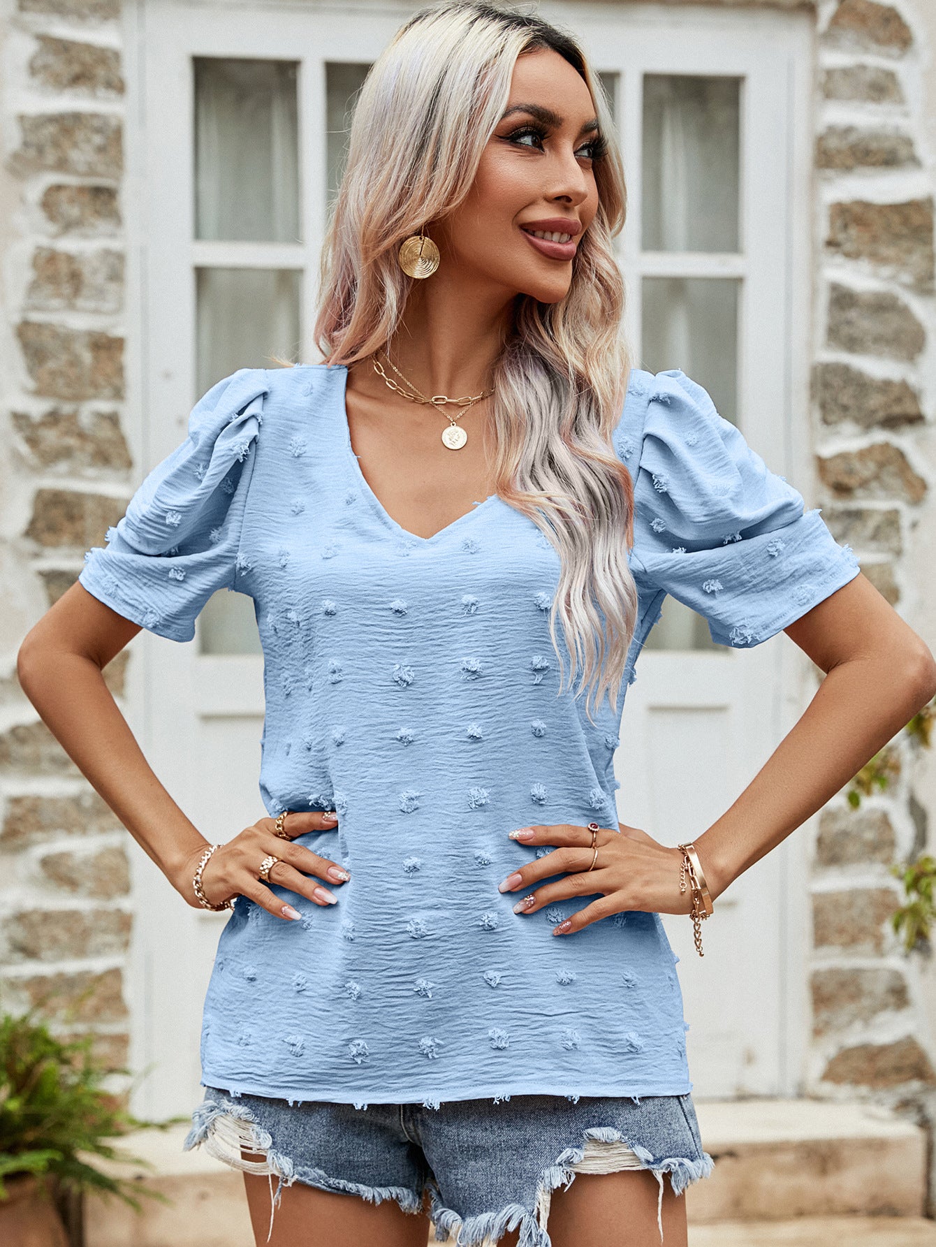 V Neck Short Sleeve Puff Sleeve Casual Top