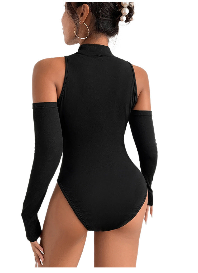 Tight Sexy Topless Bottoming Shirt Irregular Asymmetric Hollow-out Long Sleeve Slim off-the-Shoulder Bodysuit
