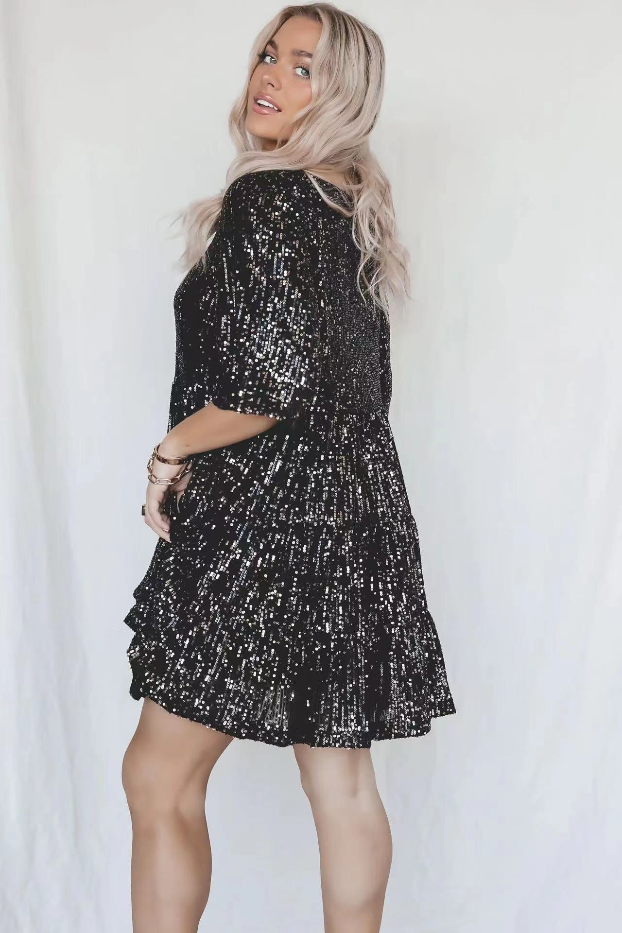 Sequined round Neck Short Sleeve Large Swing Cute Dress