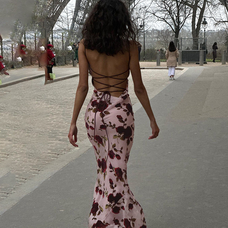 Sexy Strap Backless Rose Printed Dress