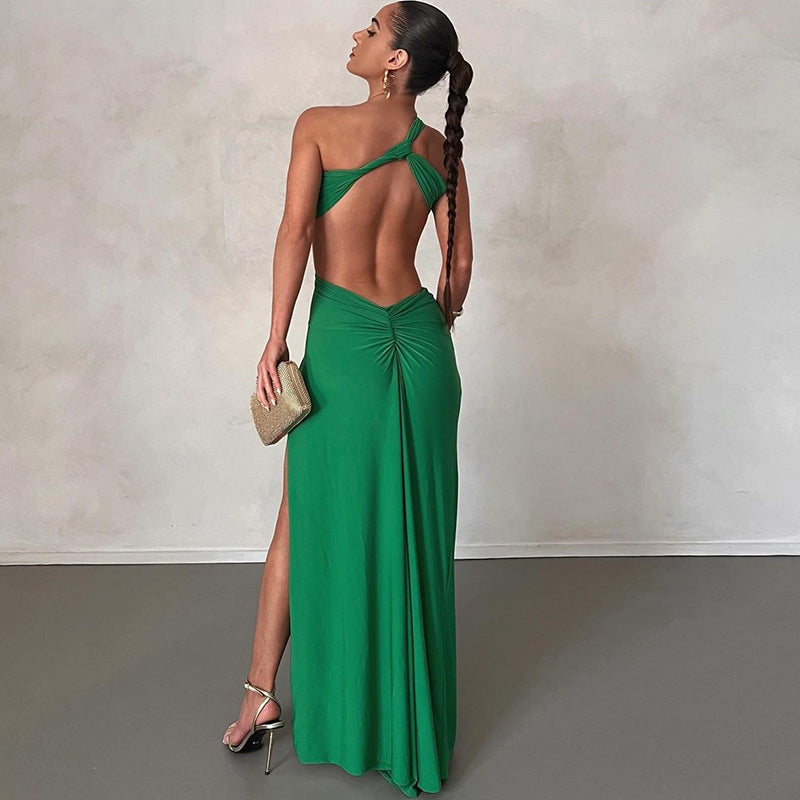 Sloping Shoulder Solid Color Pullover Sexy Backless Evening Dress