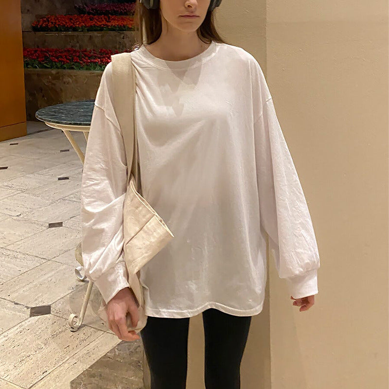 Pure Cotton Solid Color Loose Round Neck Long Pattern Sweatshirt