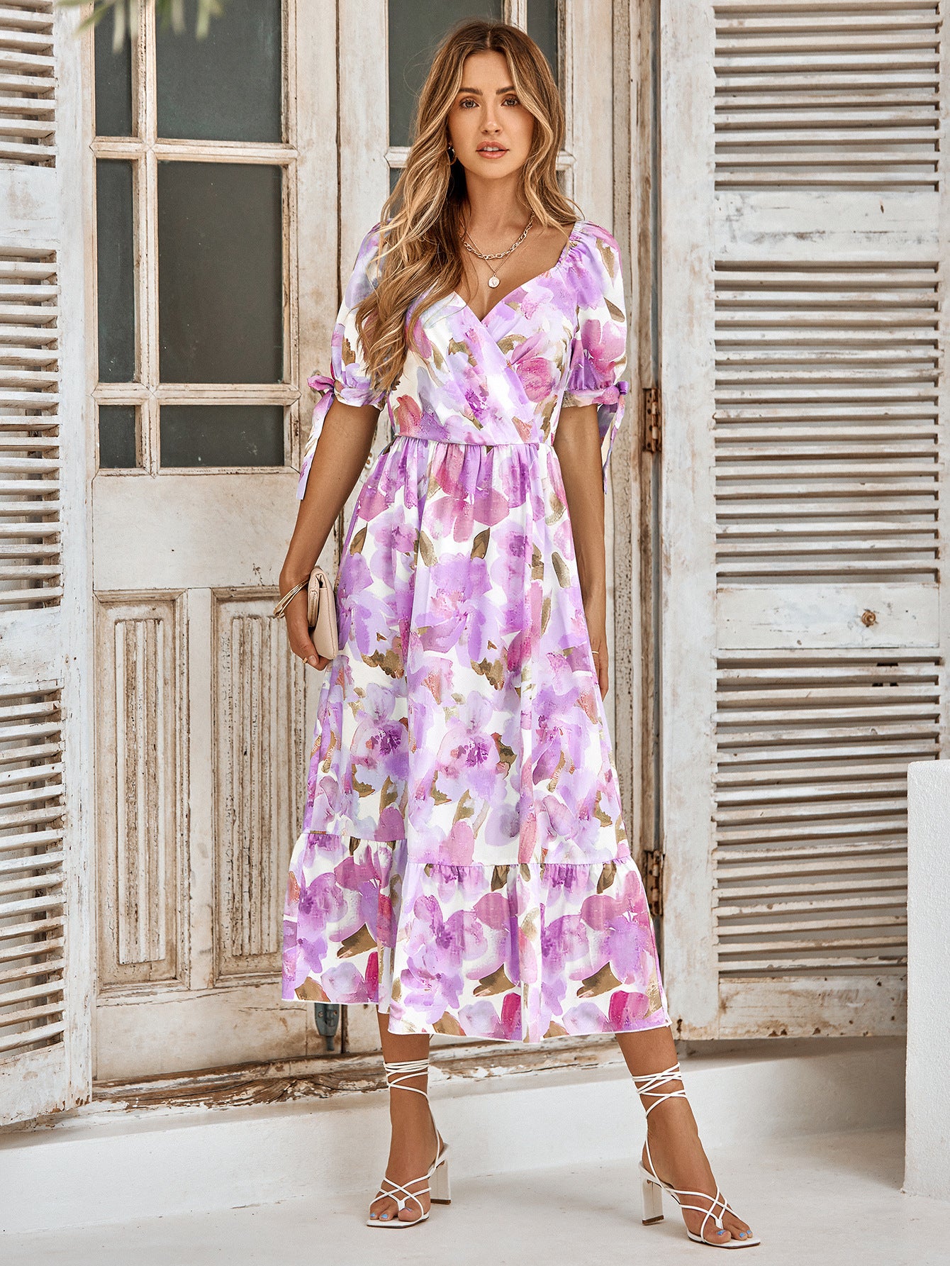 Casual Printed Waist Controlled Puff Sleeve V neck Maxi Dress