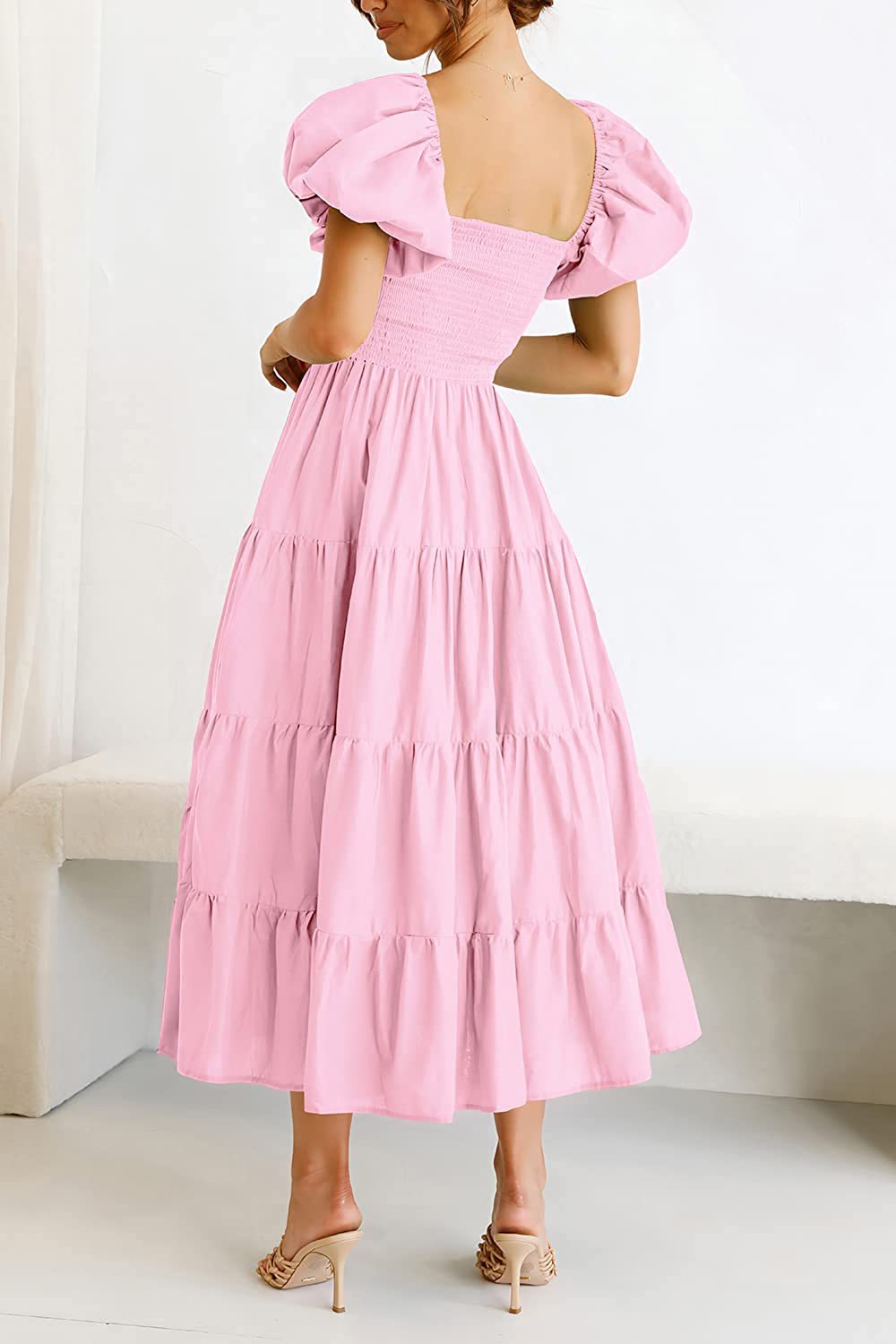 Square Collar Backless Puff Sleeve Pleated Short Sleeves Dress