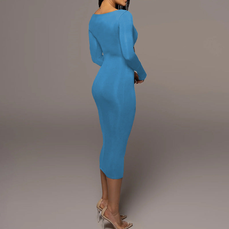 Sexy schlankes Fleece-Kleid mit quadratischem Kragen und langen Ärmeln