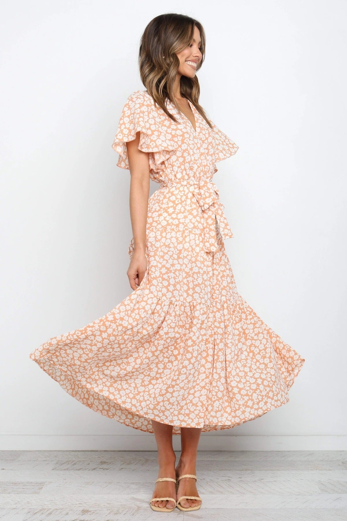 Ruffle Sleeve Lace Printing Long Large Hem Dress