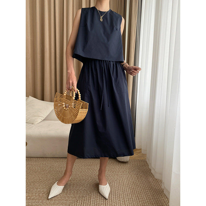 French Simplicity Elegant Pure Cotton Washed Thin round Neck Vest Umbrella Skirt Two Piece Suit