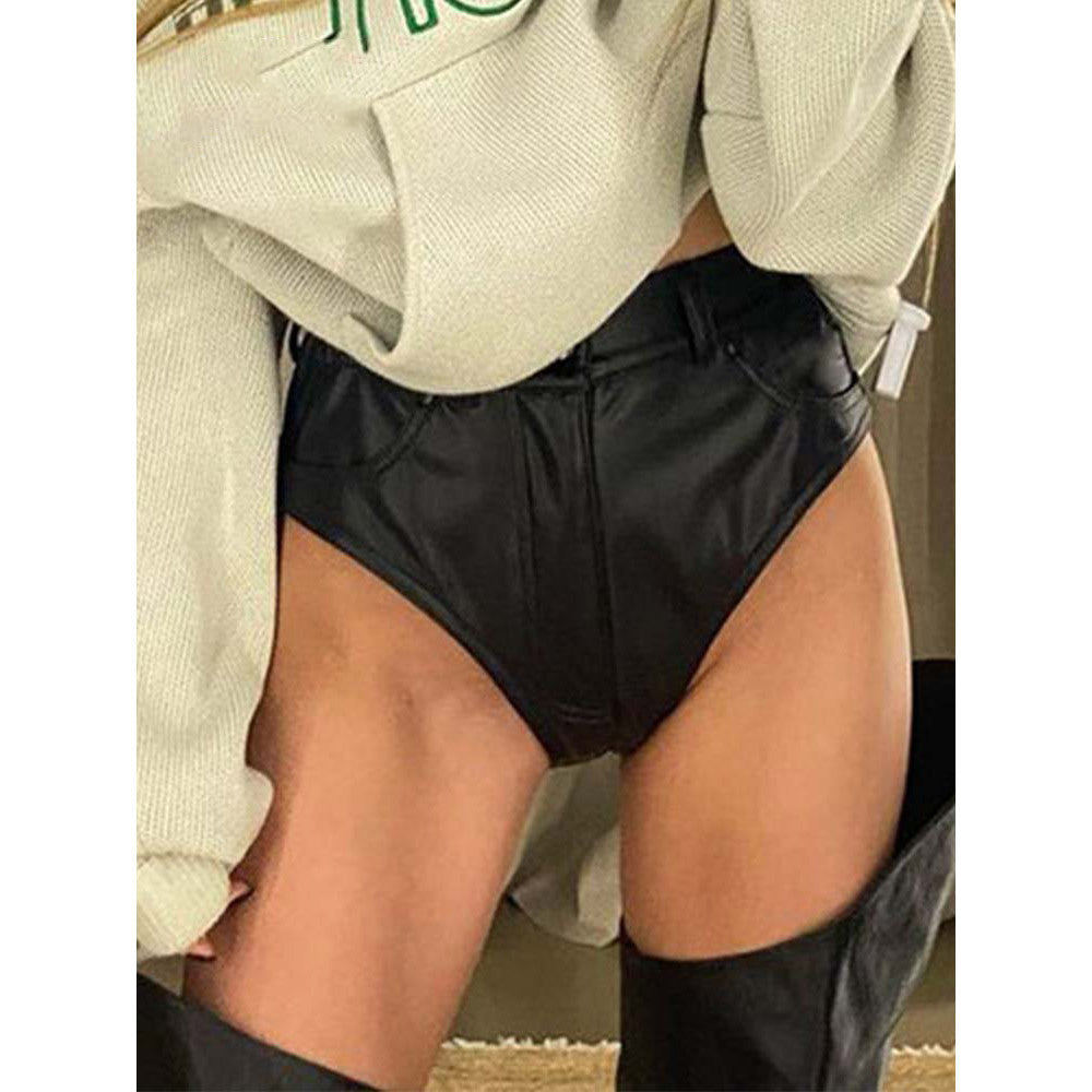 High Waist Hip Faux Leather Base Elasticity Tight Sexy Shorts
