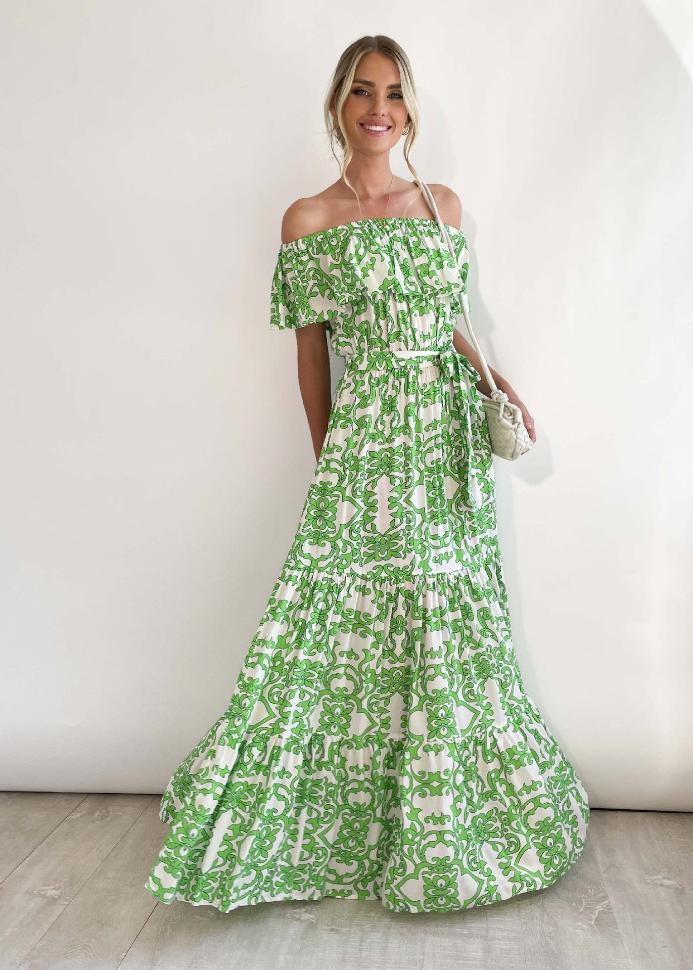 Floral-Print off Shoulder Ruffle Sleeve Elegant Large Swing Dress