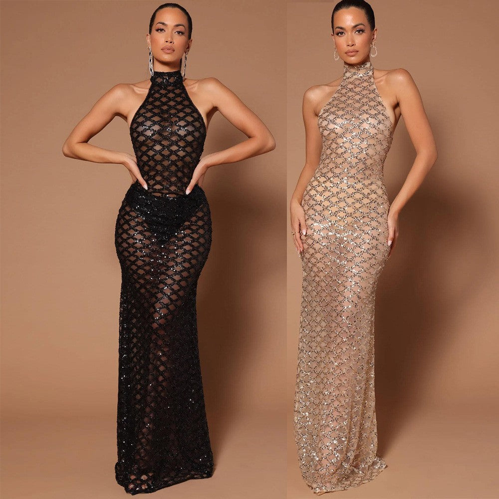 Sexy Backless Nightclub Part Rhinestone Sequined Transparent Dress