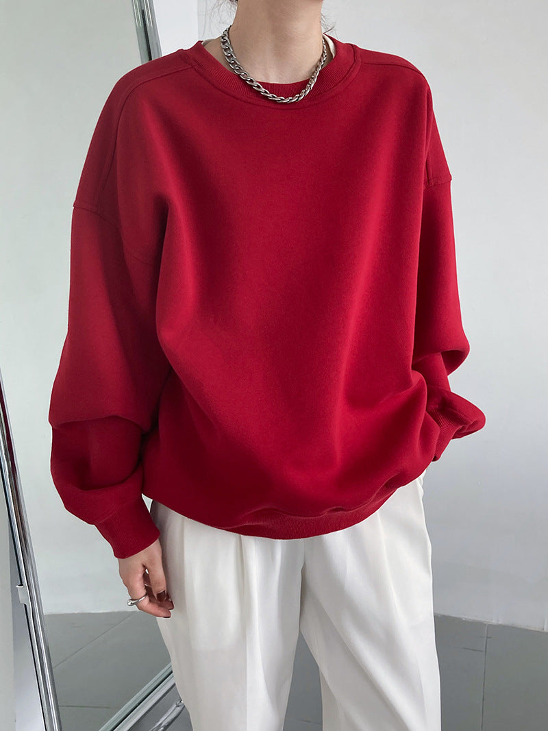Wine Red Loose  Female Korean Loose Bf Long Sleeve Pullover Sweatshirt