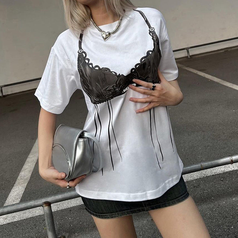 Special Bra Printing Basic Round Neck Pullover Loose Street T Shirt