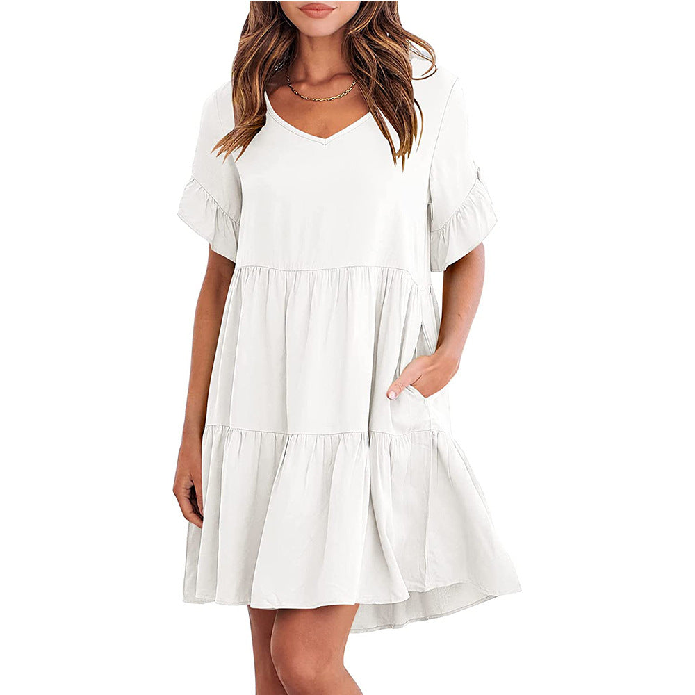 Casual V Neck Little Girl Clothes Three Layer Pleated Dress