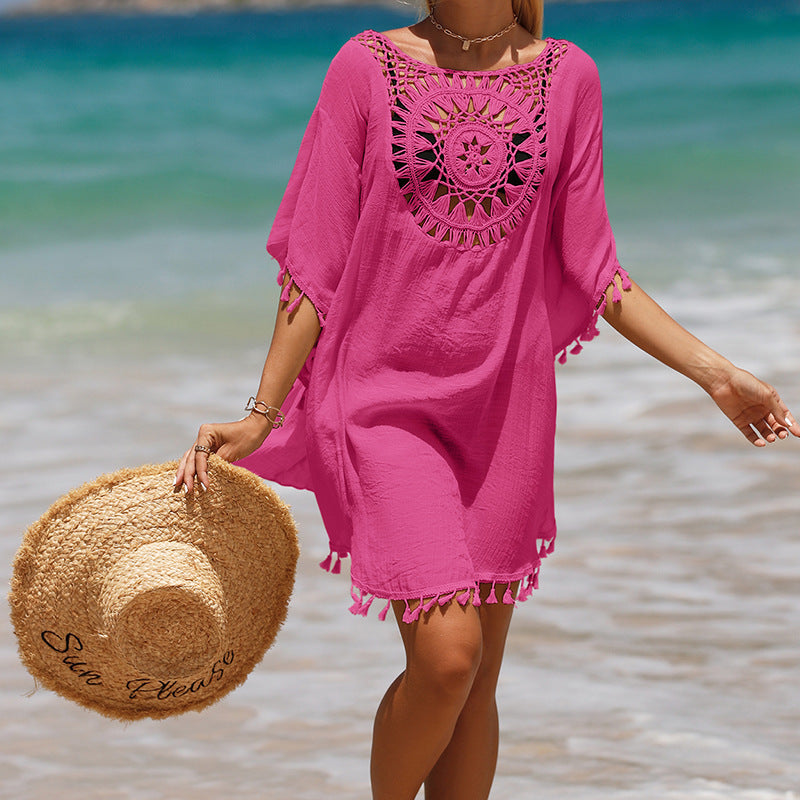 Hand Crocheting Solid Color Stitching Beach Dress