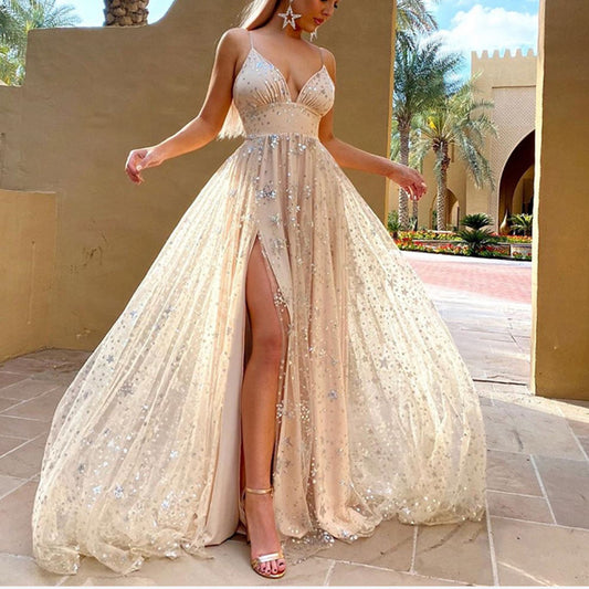 Grande robe trapèze en cristal brillant avec fente à la taille serrée