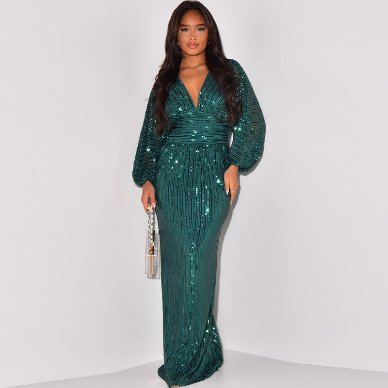 Sequined Long Sleeve V Neck Sexy Sequin Maxi Dress
