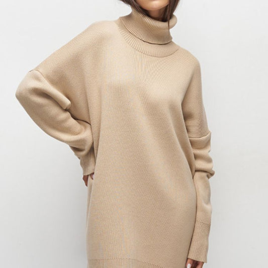 Autumn Winter Turtleneck Mid Length Thickened Long Sleeved Knitwear Dress