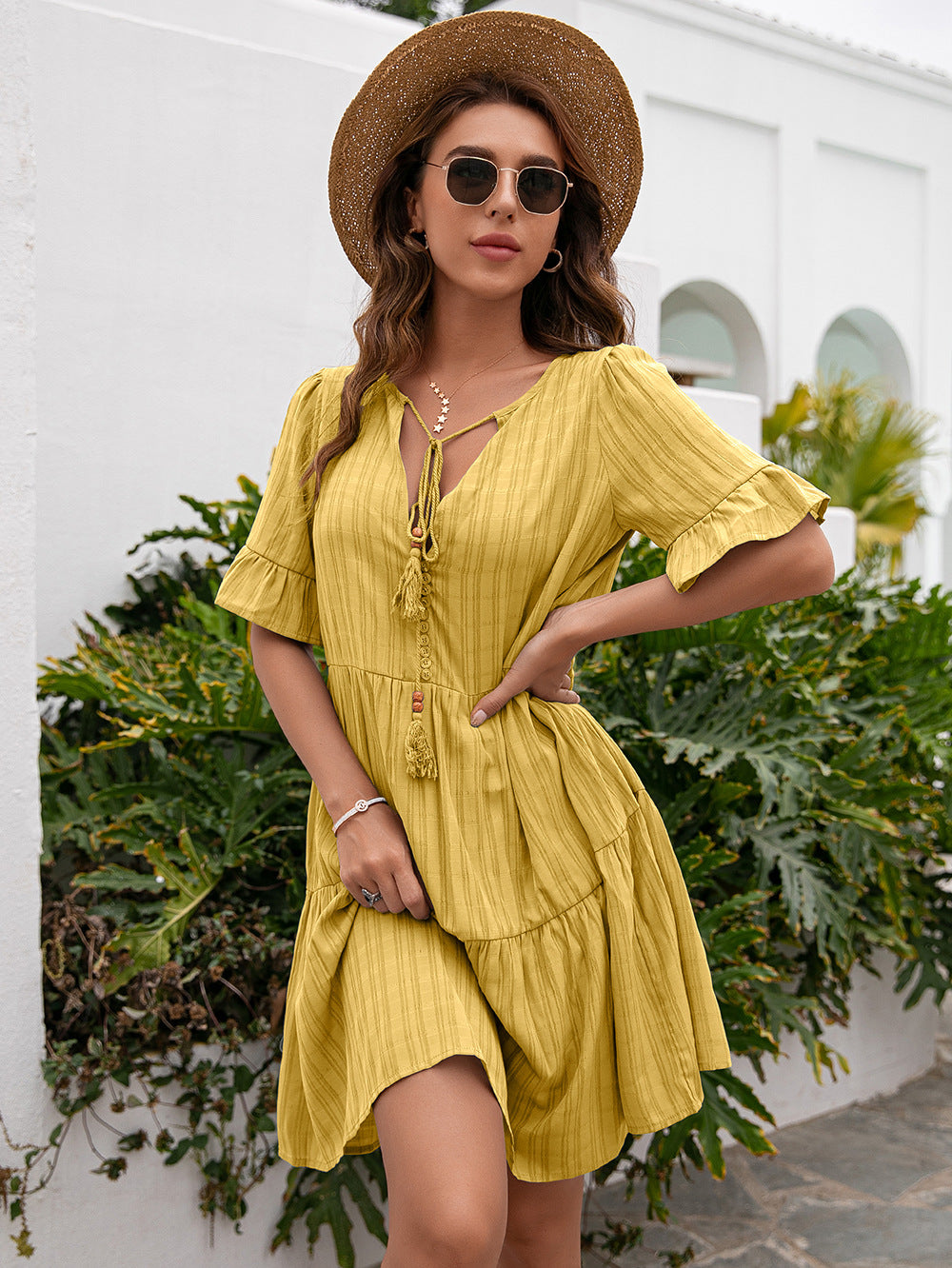 Loose Casual 5 Point Sleeve Mid Length V neck Dress