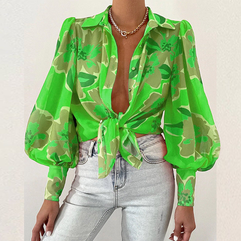 Bubble Sleeve Collared Long Sleeve Top Printed Shirt