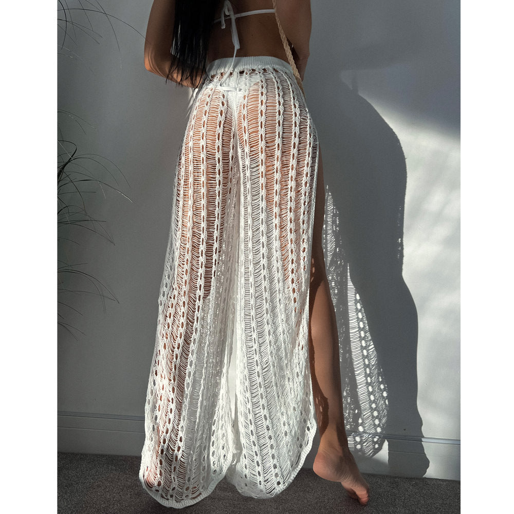 Vacation Sexy See through Mesh Hollow Out Split Strap Knitted Mop Beach Pants