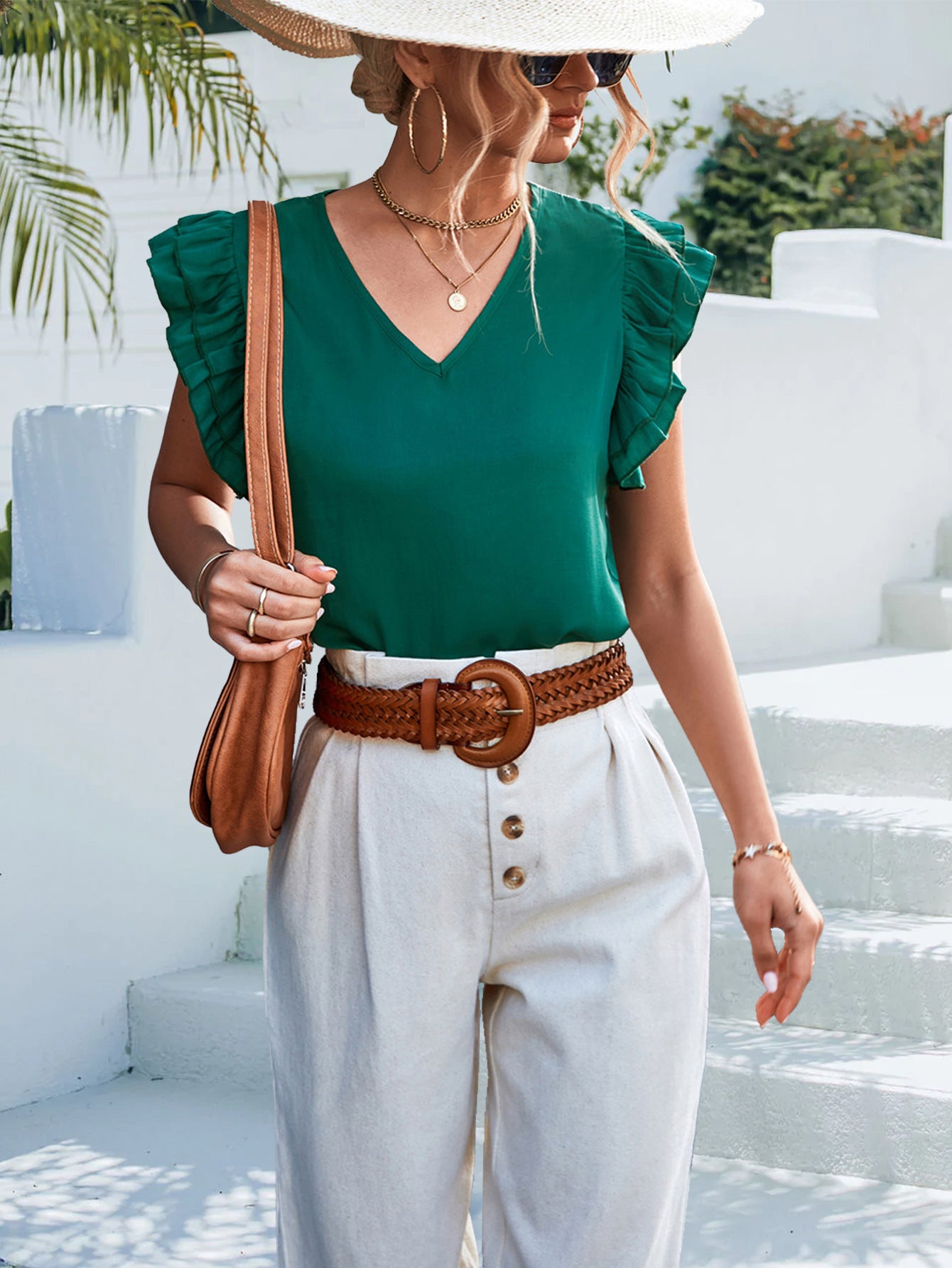 Solid Color V neck Casual Ruffle Sleeve Top