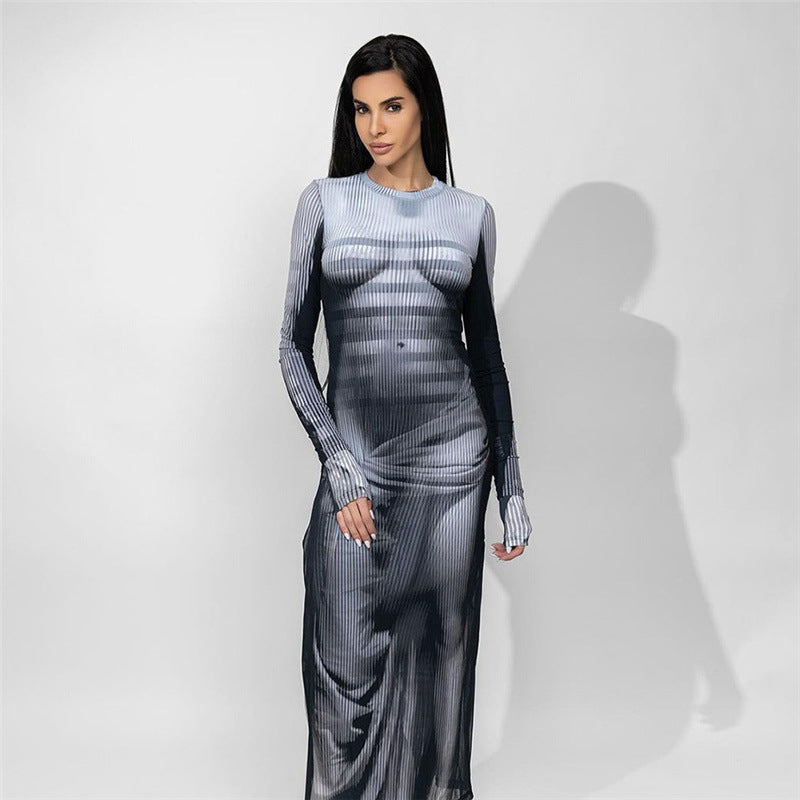Sexy Long Sleeve Printed High Waist Slim Slimming Maxi Dress