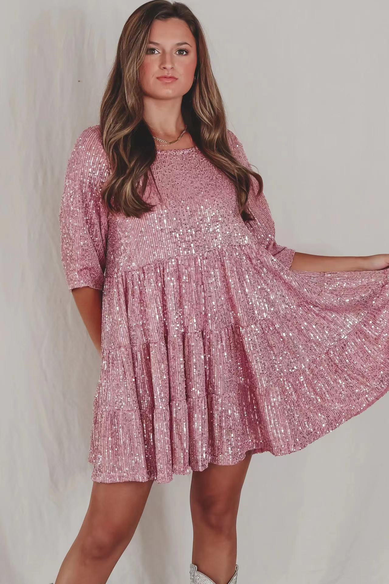 Sequined round Neck Short Sleeve Large Swing Cute Dress