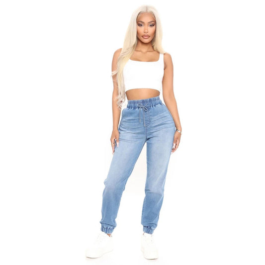 Mid-Waist Light Blue Office Washed Denim Trousers