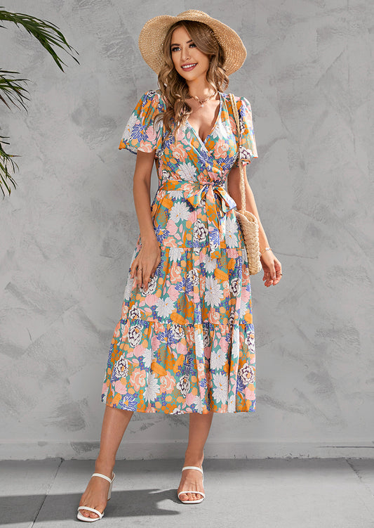 Printed V-neck Tight Waist Mid-Length Short Sleeve Dress