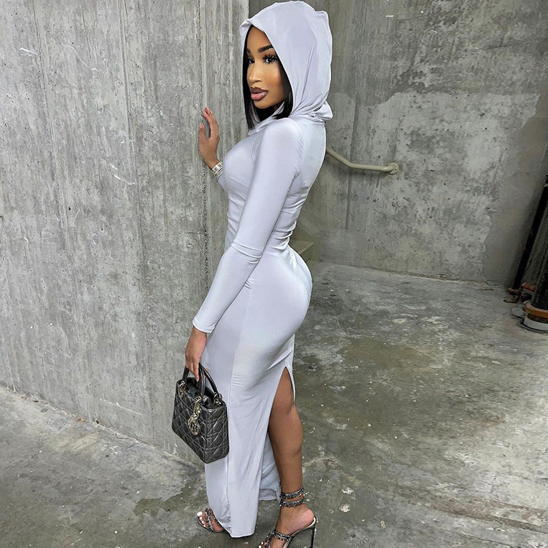 Hooded Solid Color Tight Dress