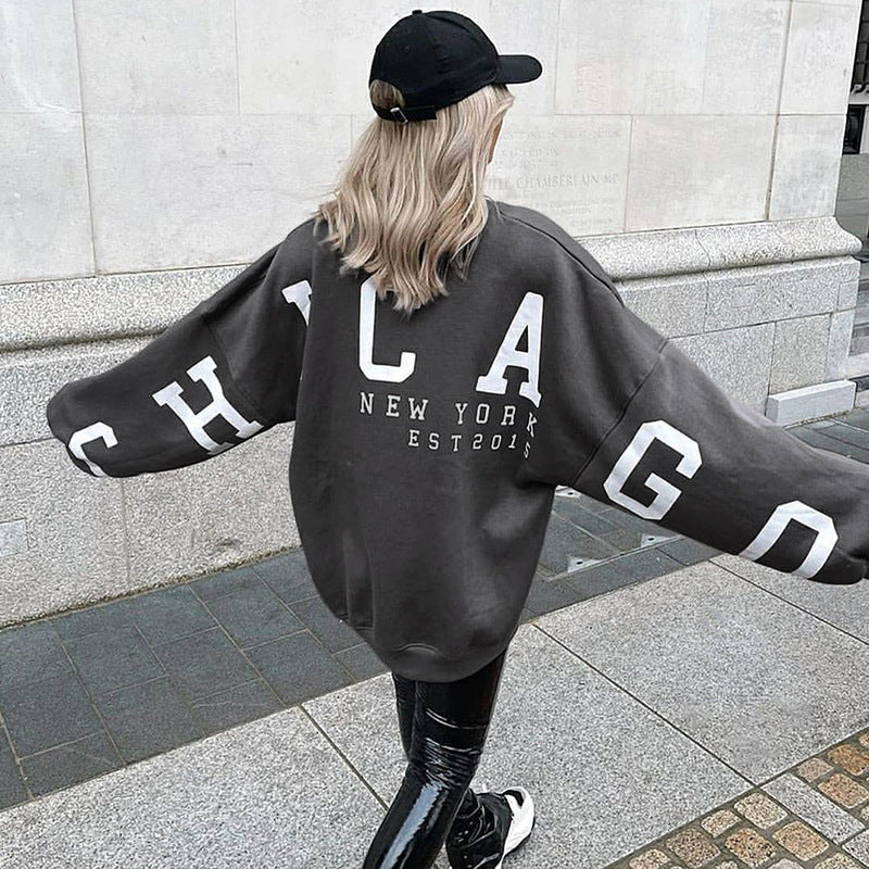 Round Neck Loose Letter Graphic Print Long Sleeve Pullover Sweatshirt